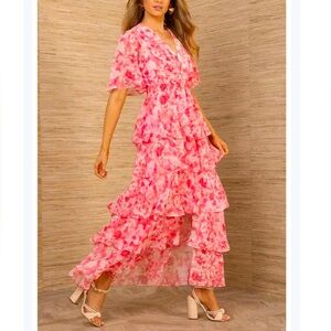 Hale Bob The Mile Kallie Chiffon Pink Floral Ruffle Maxi Dress